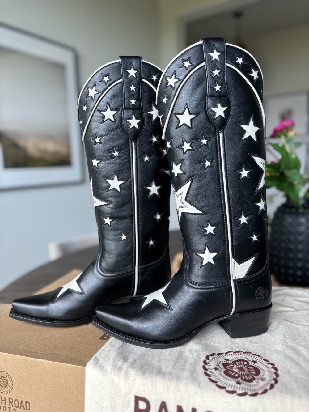 Ranch Road Presidio Black White Star Tall Leather Western Cowgirl Cowboy Boots - Picture 3 of 16